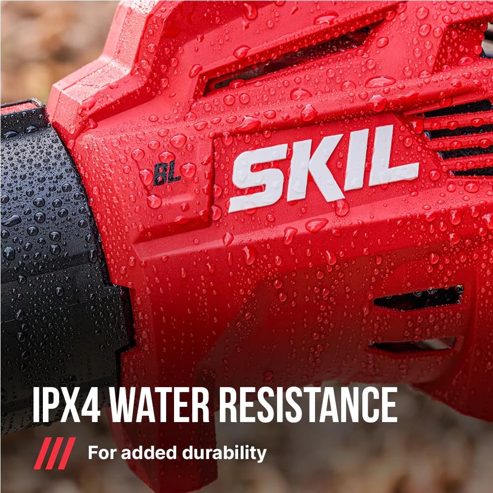 SKIL PWR CORE 40 nozzle clearing leaves in yard demonstrating powerful 530 CFM airflow