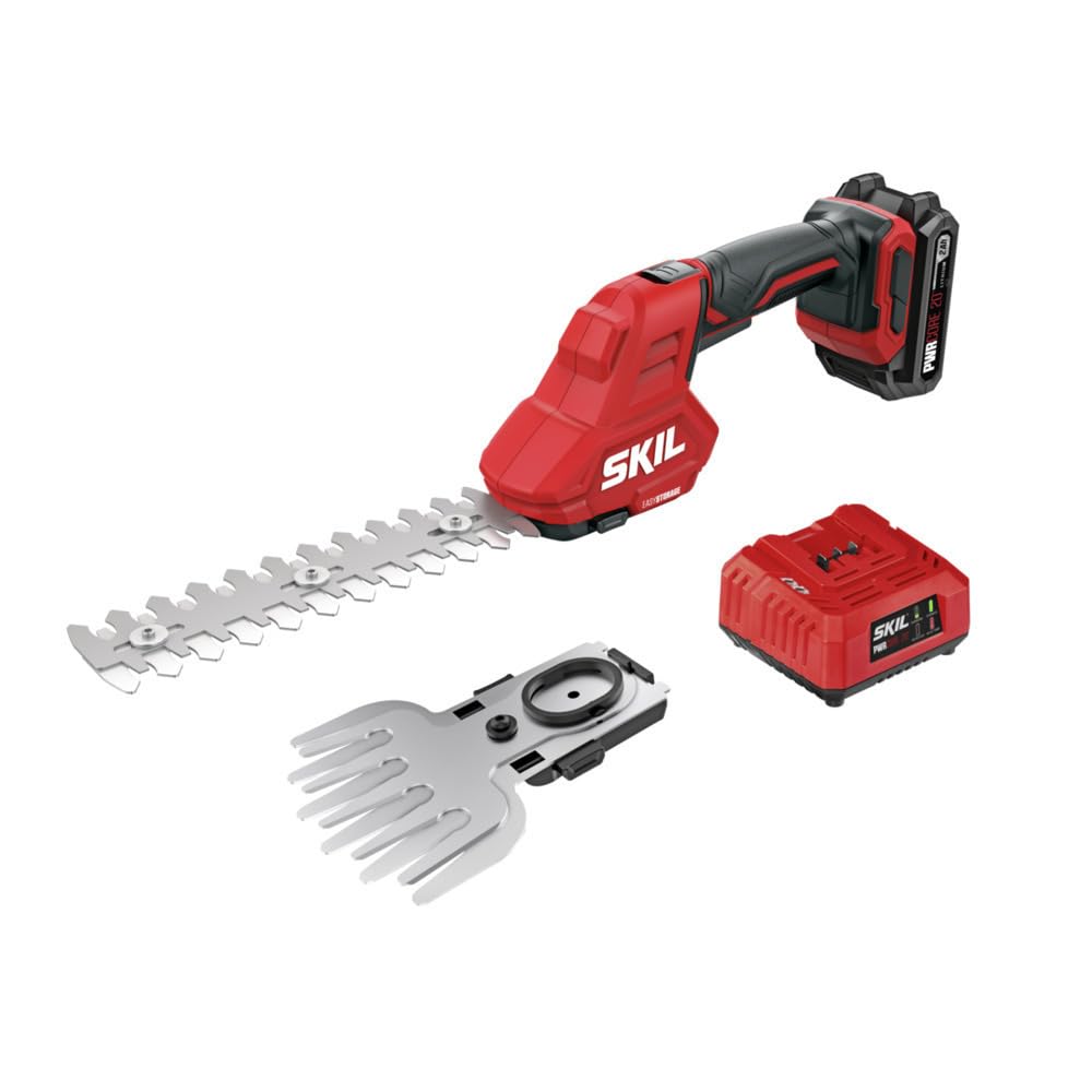 Skil shear & shrub front view showing tool and included battery for easy handling