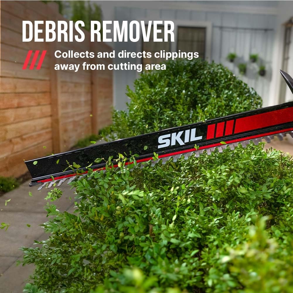SKIL hedge trimmer cutting a tall hedge demonstrating fast cordless performance