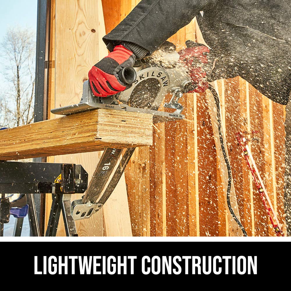 Skil electric brake switch close-up emphasizing on-site safety feature