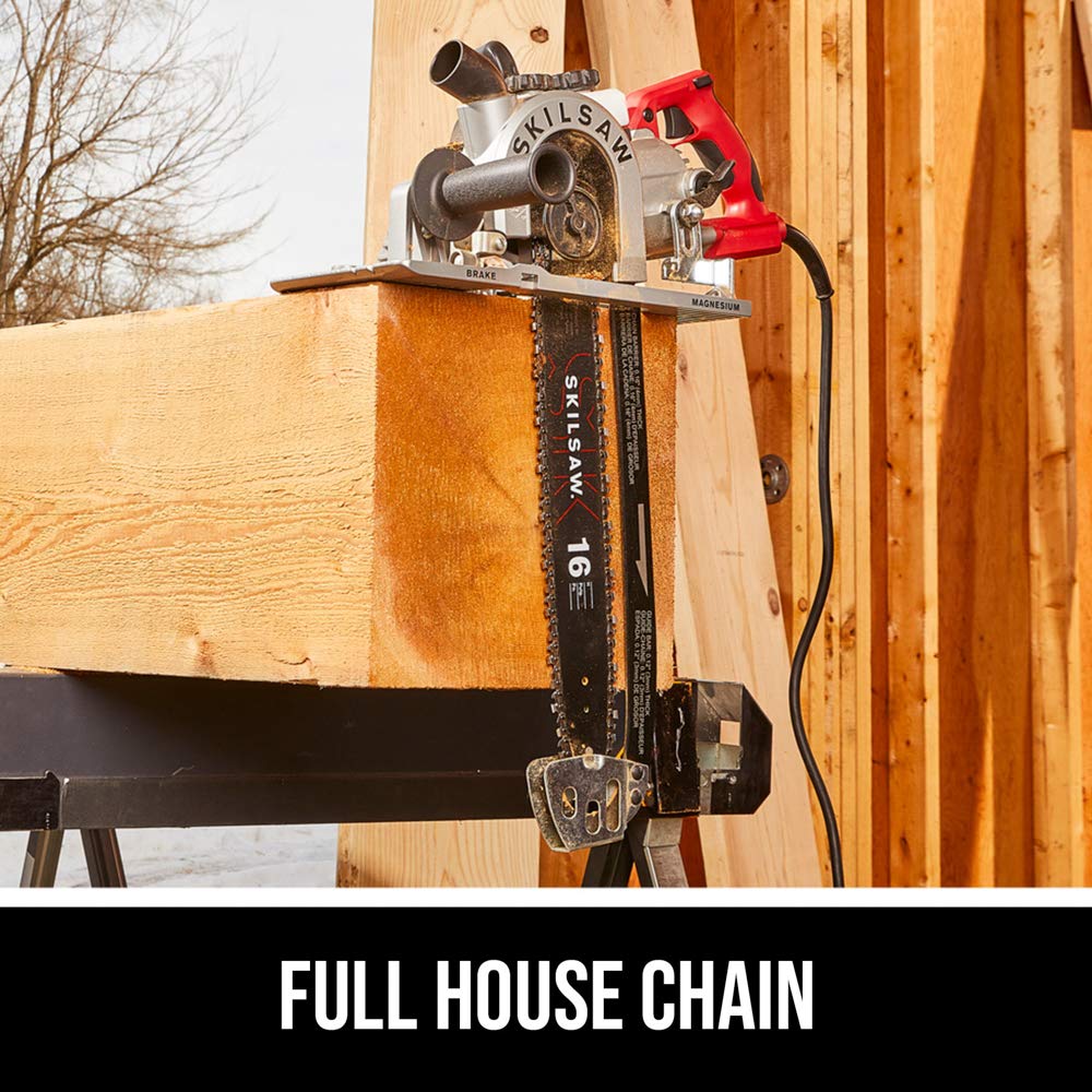 Skil tool-less tensioning handle visible for quick chain adjustments benefit