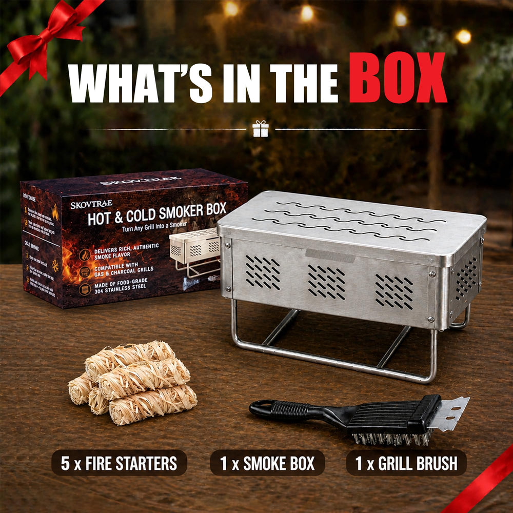 SKOVTRAE cleaning brush and fire starter included with smoker box for ready-to-use convenience