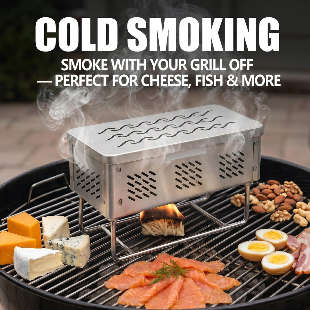 SKOVTRAE smoker box placed on grill grates producing smoke for hot smoking benefits