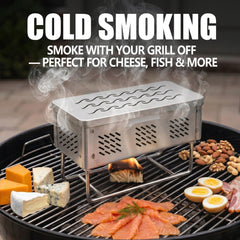 SKOVTRAE smoker box placed on grill grates producing smoke for hot smoking benefits