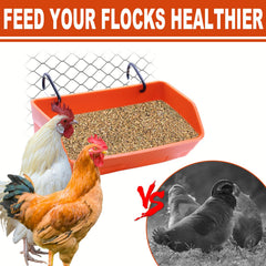 SKWIRRLE feeder hung in coop showing tidy, low-waste feeding area