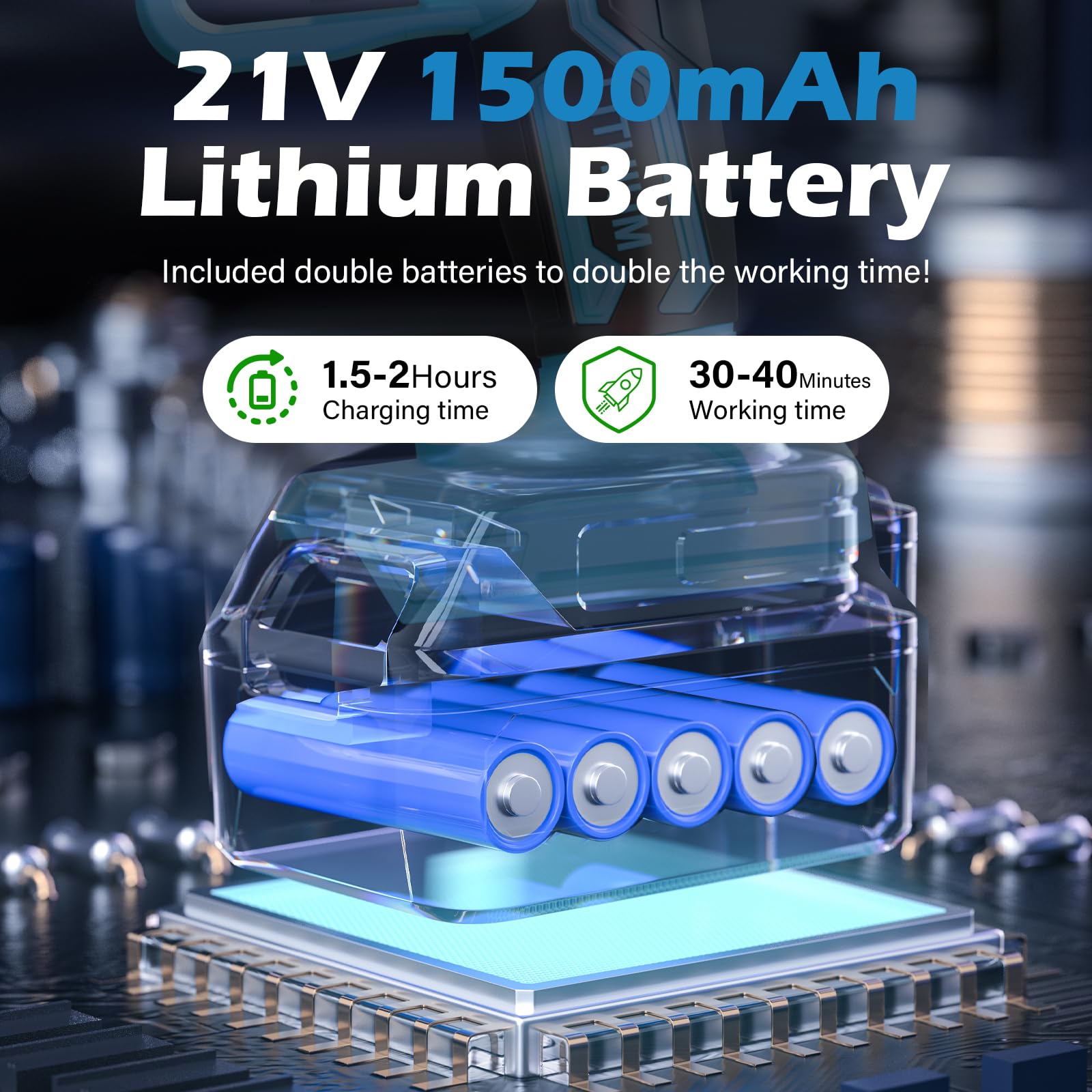 SkyBlade two batteries and charger laid out for longer runtime benefit