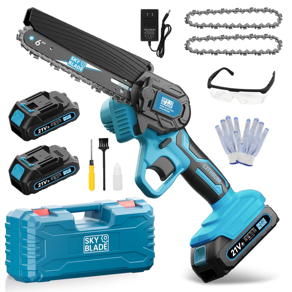 SkyBlade front view blue mini chainsaw showing compact design and portability