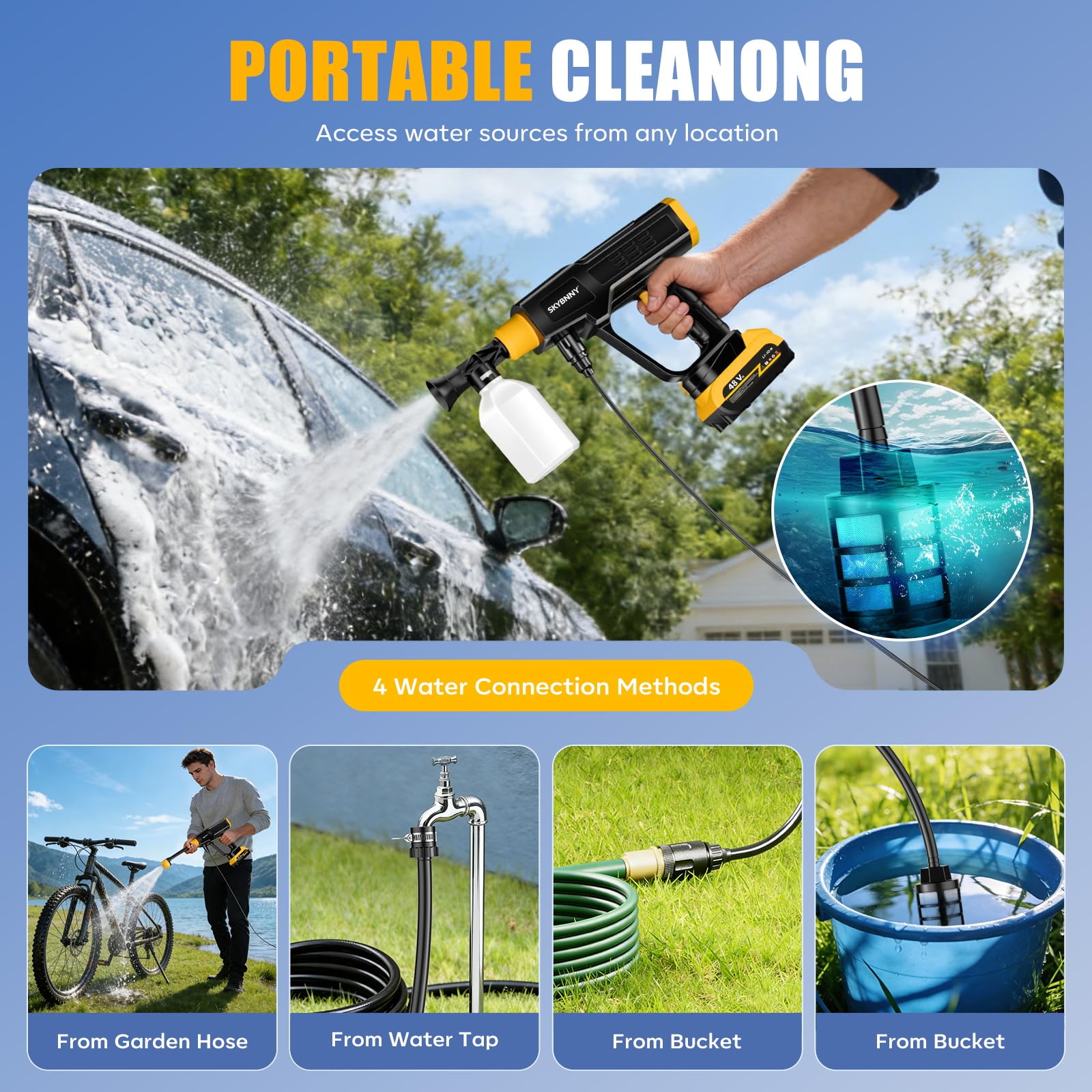 SKYBNNY cleaning a car, illustrating effective rinsing and cordless freedom