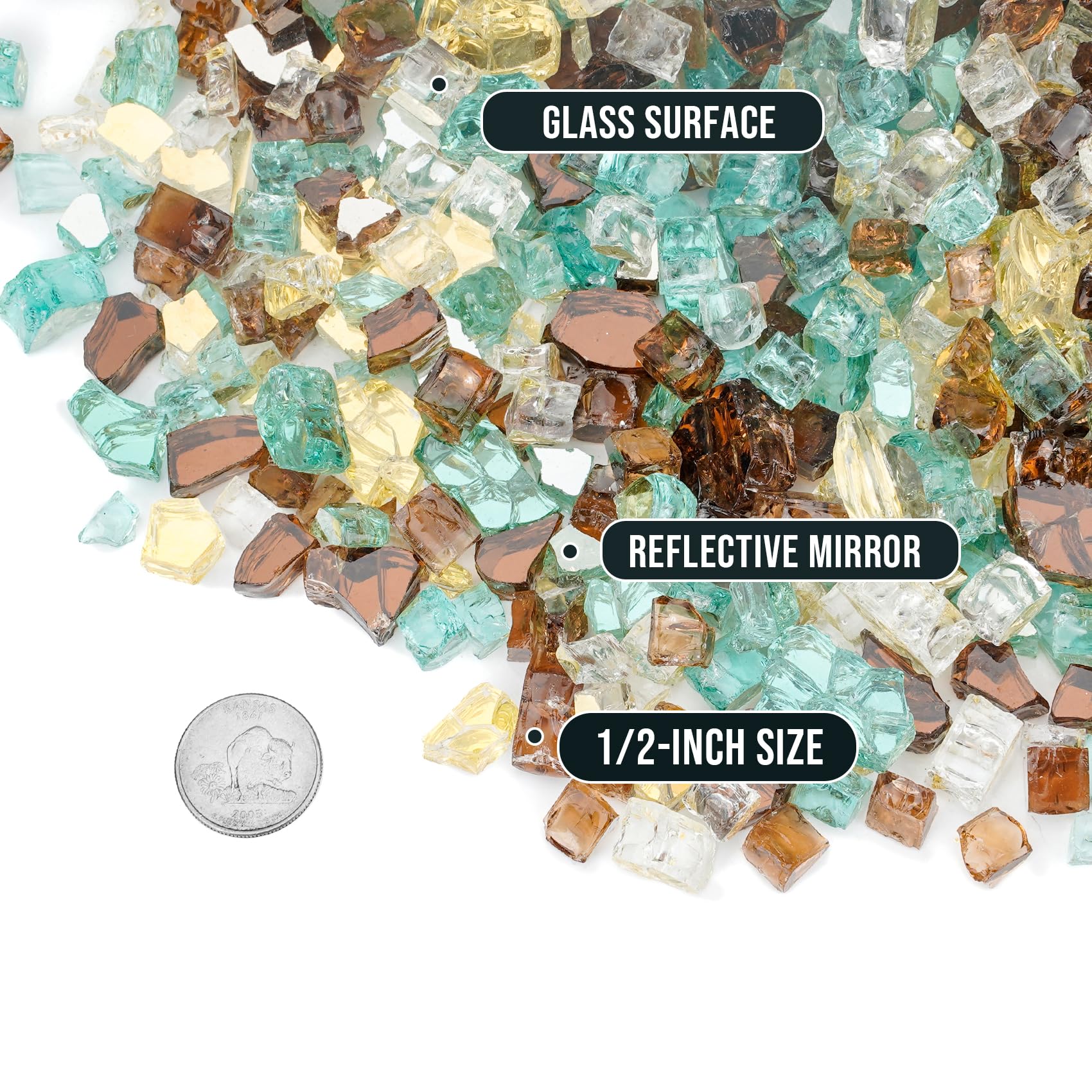 Skyflame close-up of tempered glass pieces showing color and reflective texture, long-lasting shine