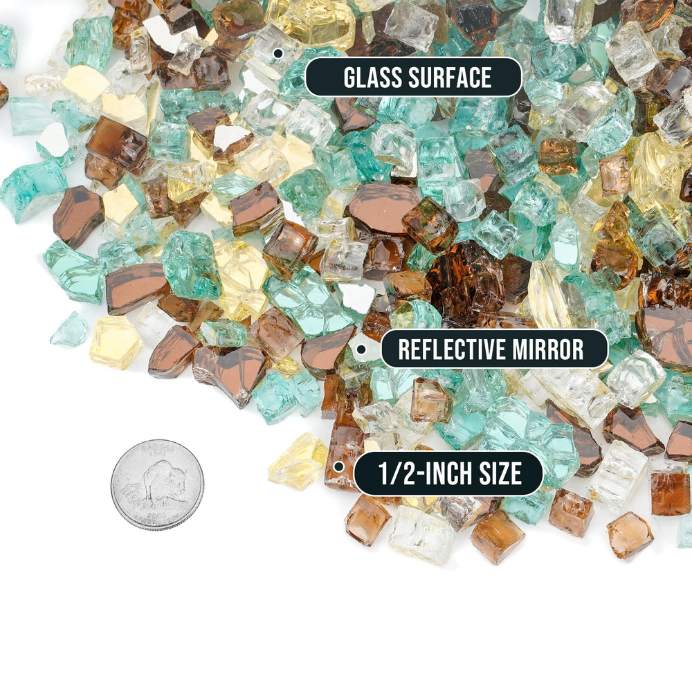 Skyflame close-up of tempered glass pieces showing color and reflective texture, long-lasting shine