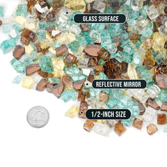 Skyflame close-up of tempered glass pieces showing color and reflective texture, long-lasting shine