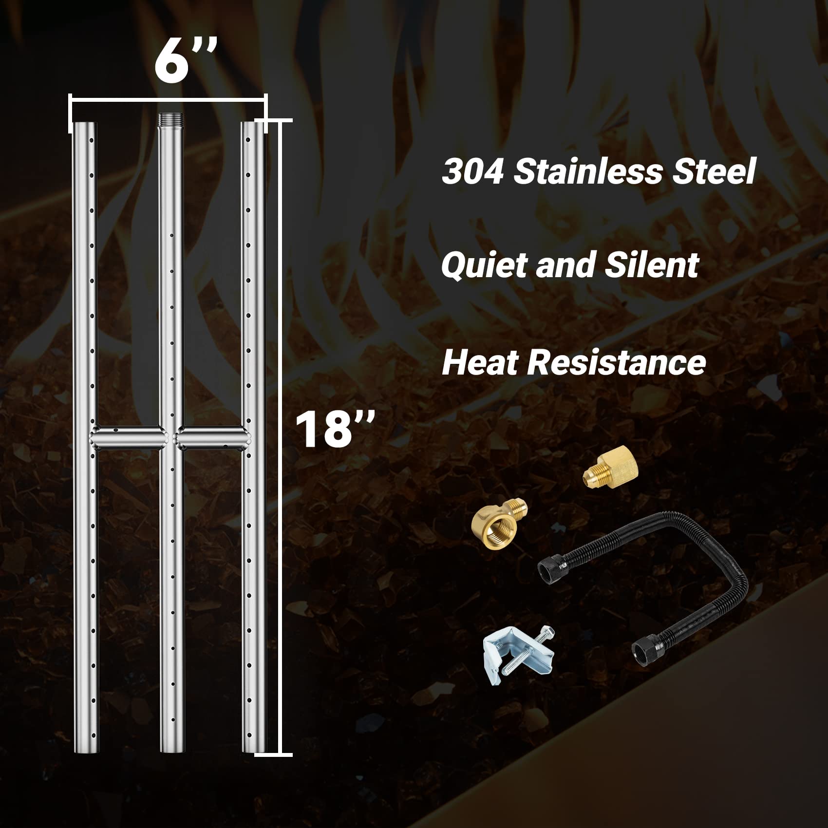 Skyflame close-up of 304 stainless steel burner ports highlighting quiet, even gas flow