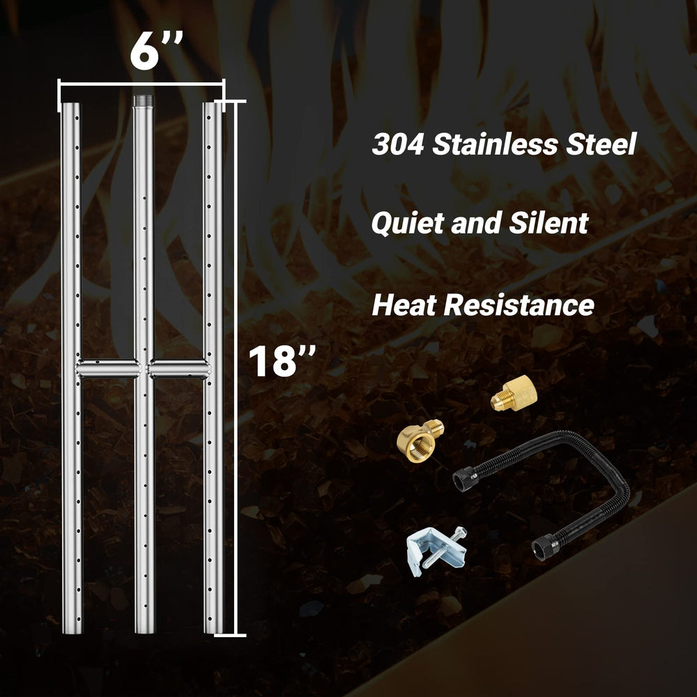 Skyflame close-up of 304 stainless steel burner ports highlighting quiet, even gas flow