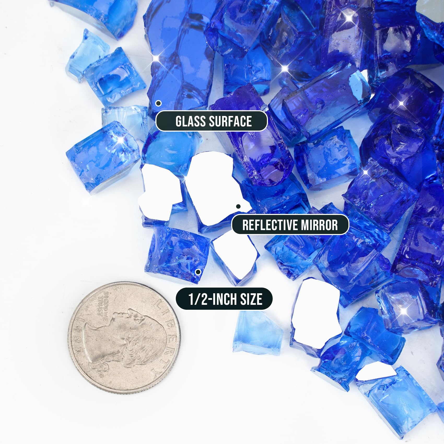 Skyflame close-up texture of tempered glass pieces revealing high-luster finish benefit
