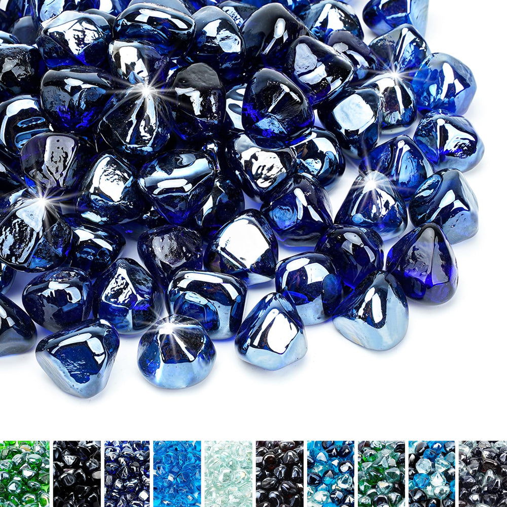 Skyflame front packaging of 10 lb cobalt blue fire glass, vivid decor benefit