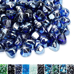 Skyflame front packaging of 10 lb cobalt blue fire glass, vivid decor benefit