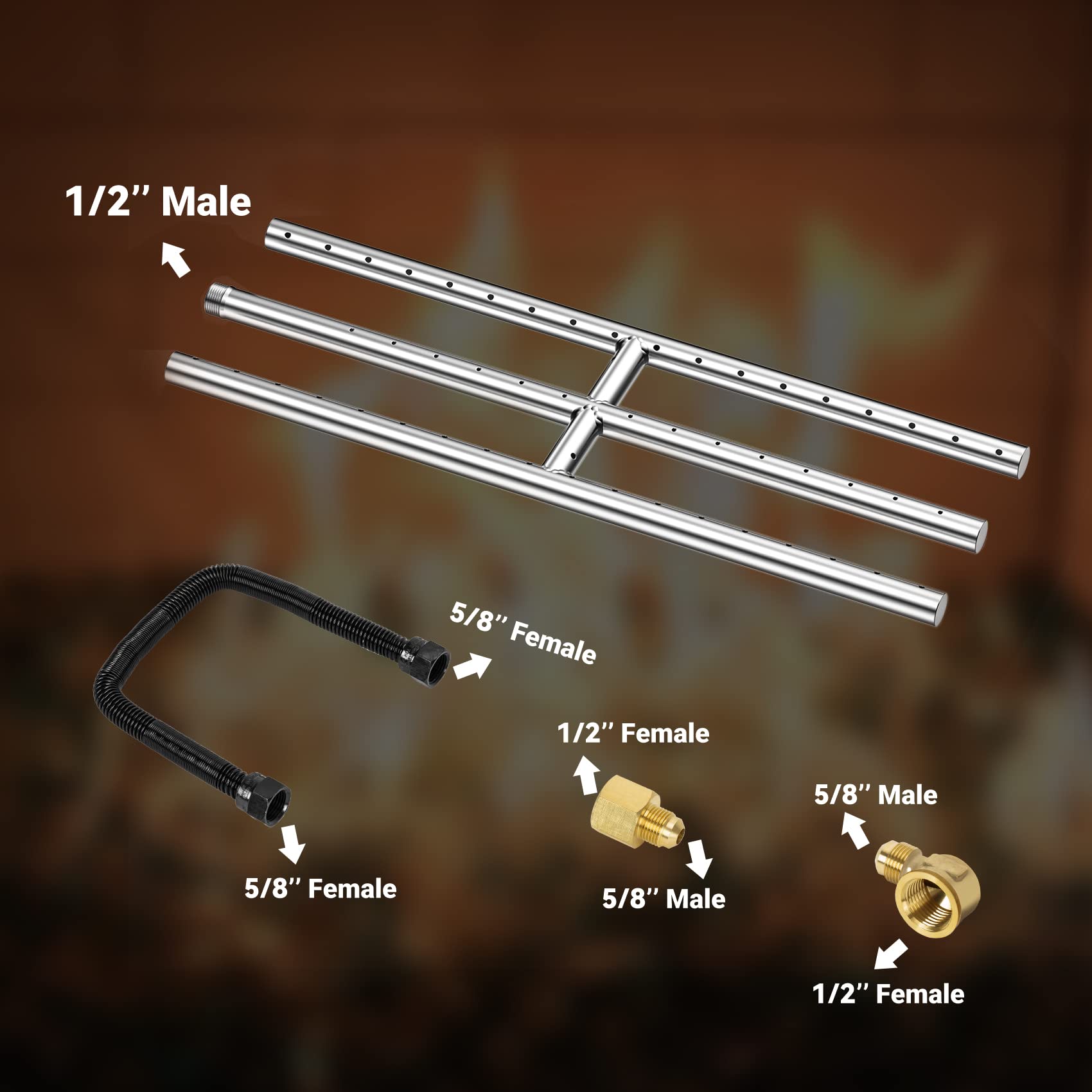 Skyflame connection kit with brass fittings showing easier, no-whistle installation