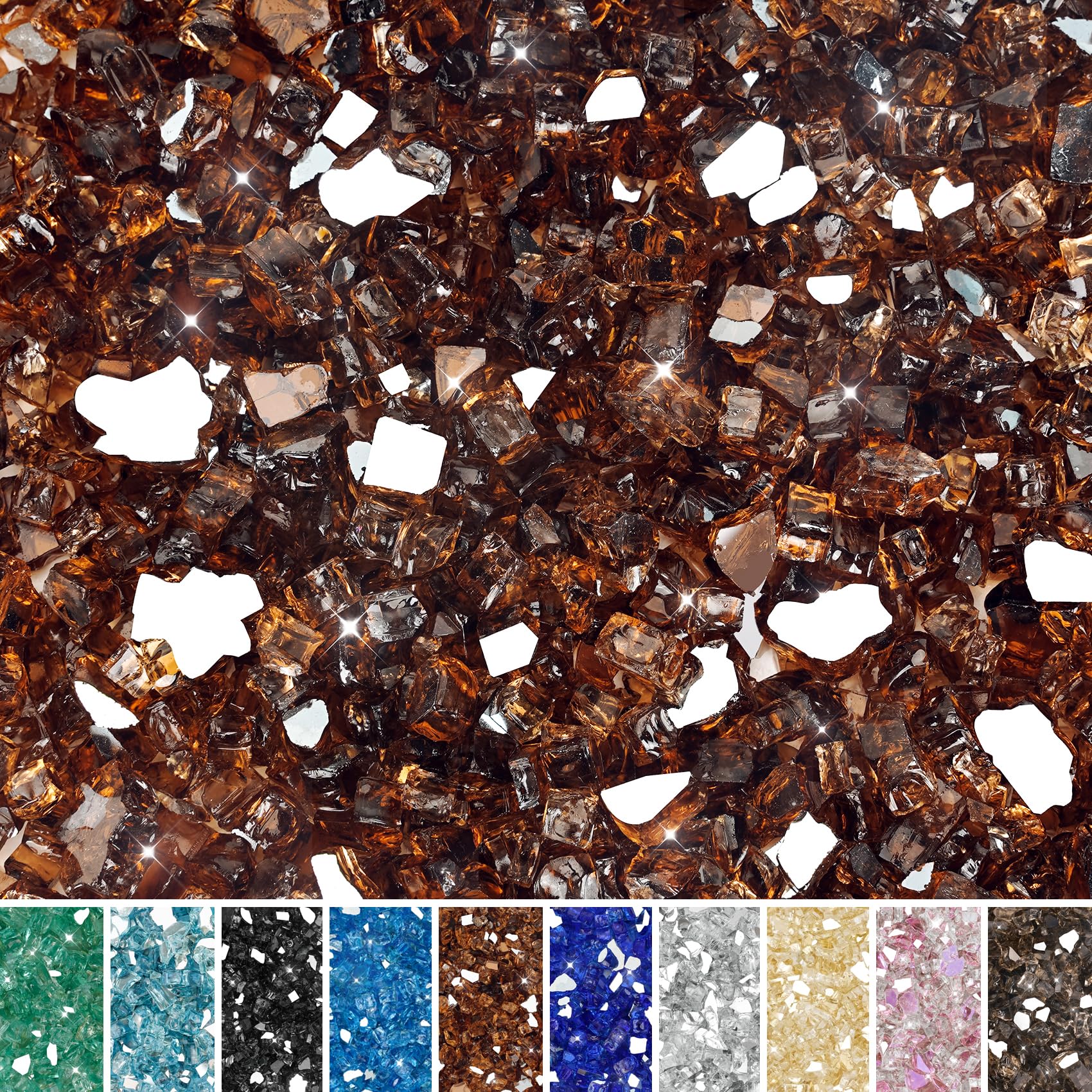 Skyflame packaging of 15 lb copper fire glass showing product benefit of full bag supply