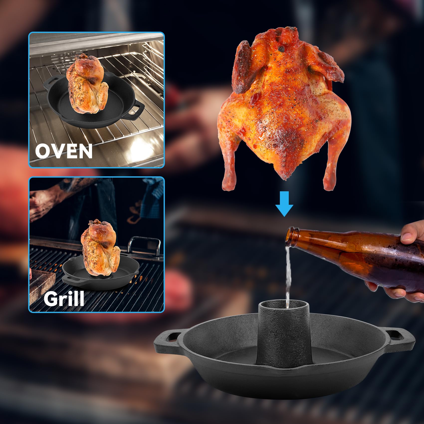 Skyflame drip pan with vegetables showing flavorful basting from drippings