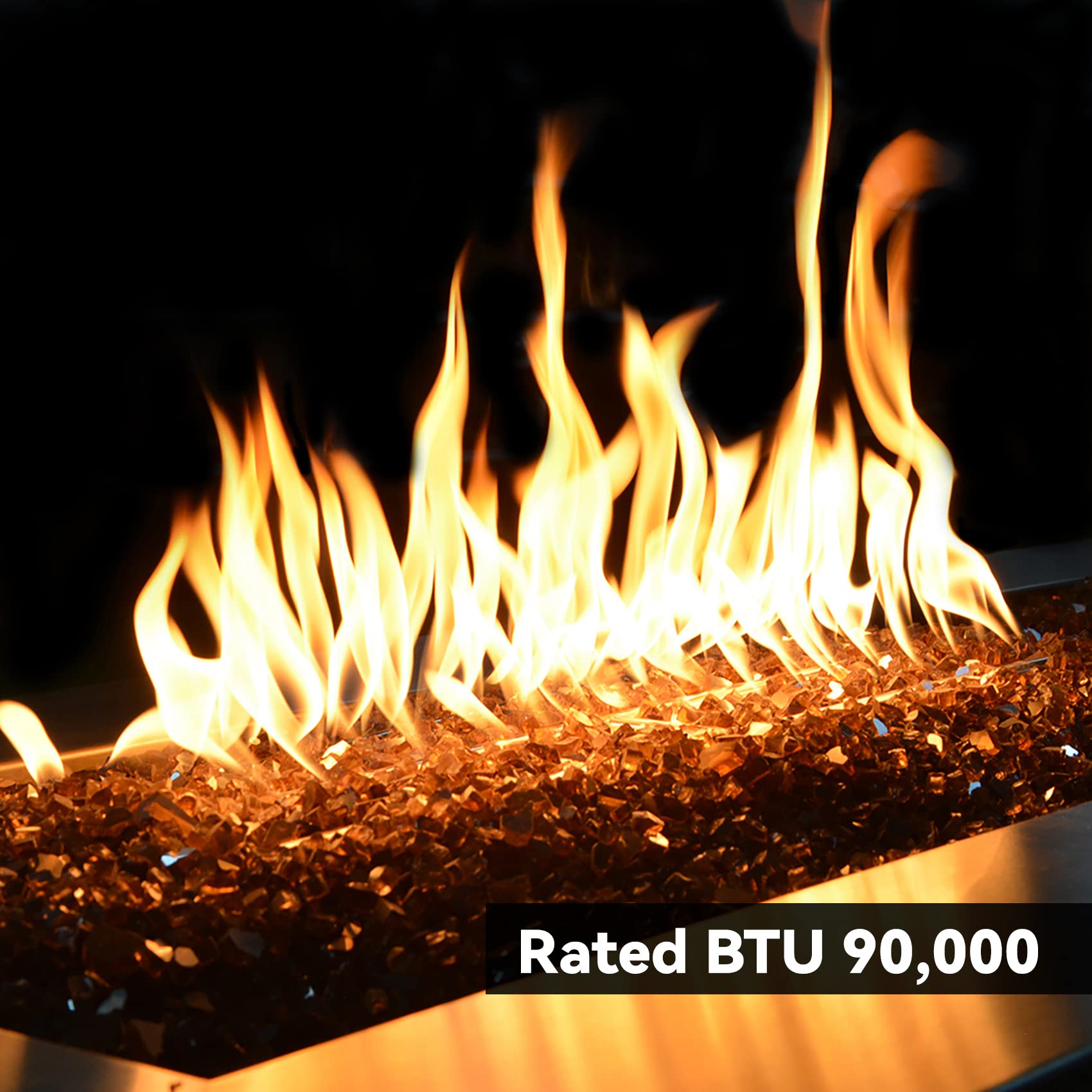 Skyflame burner surrounded by fire glass and lava rock showing decorative compatibility