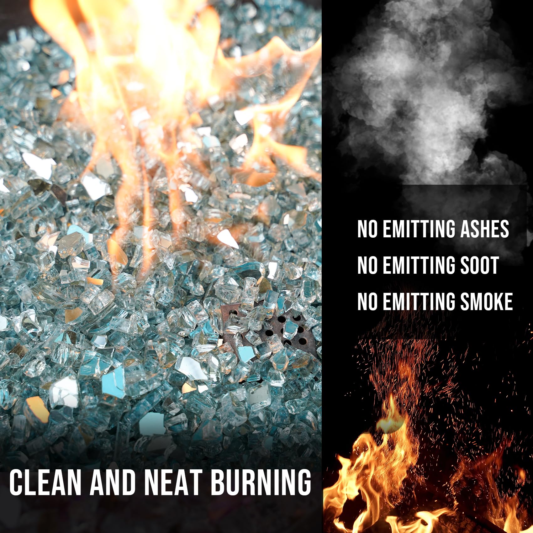 Skyflame used in a fire pit with vibrant flames reflecting on aqua glass enhancing ambiance