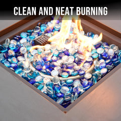 Skyflame fire pit in use with beads enhancing flame color and modern appearance