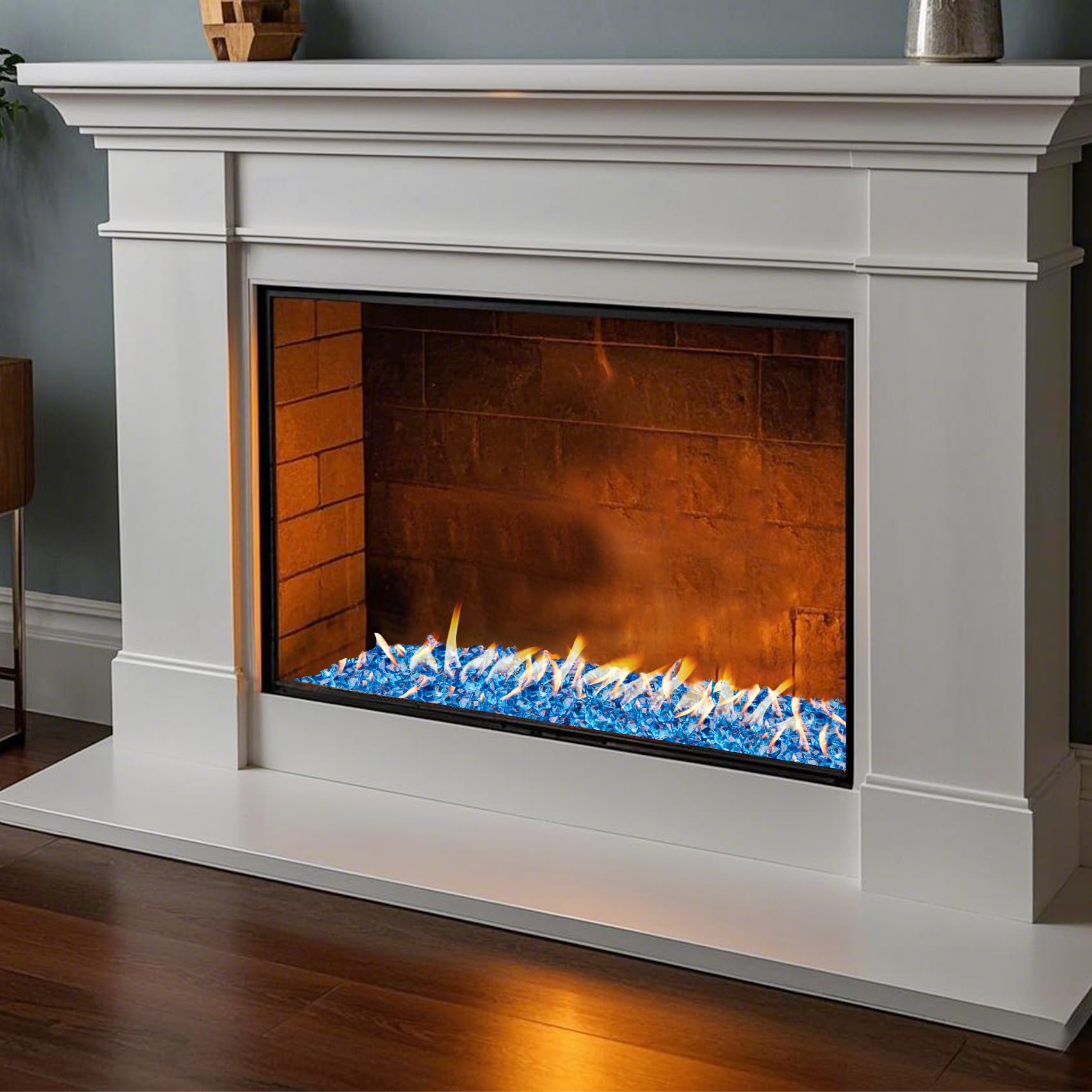 Skyflame installed in fireplace in evening setting for stylish ambiance