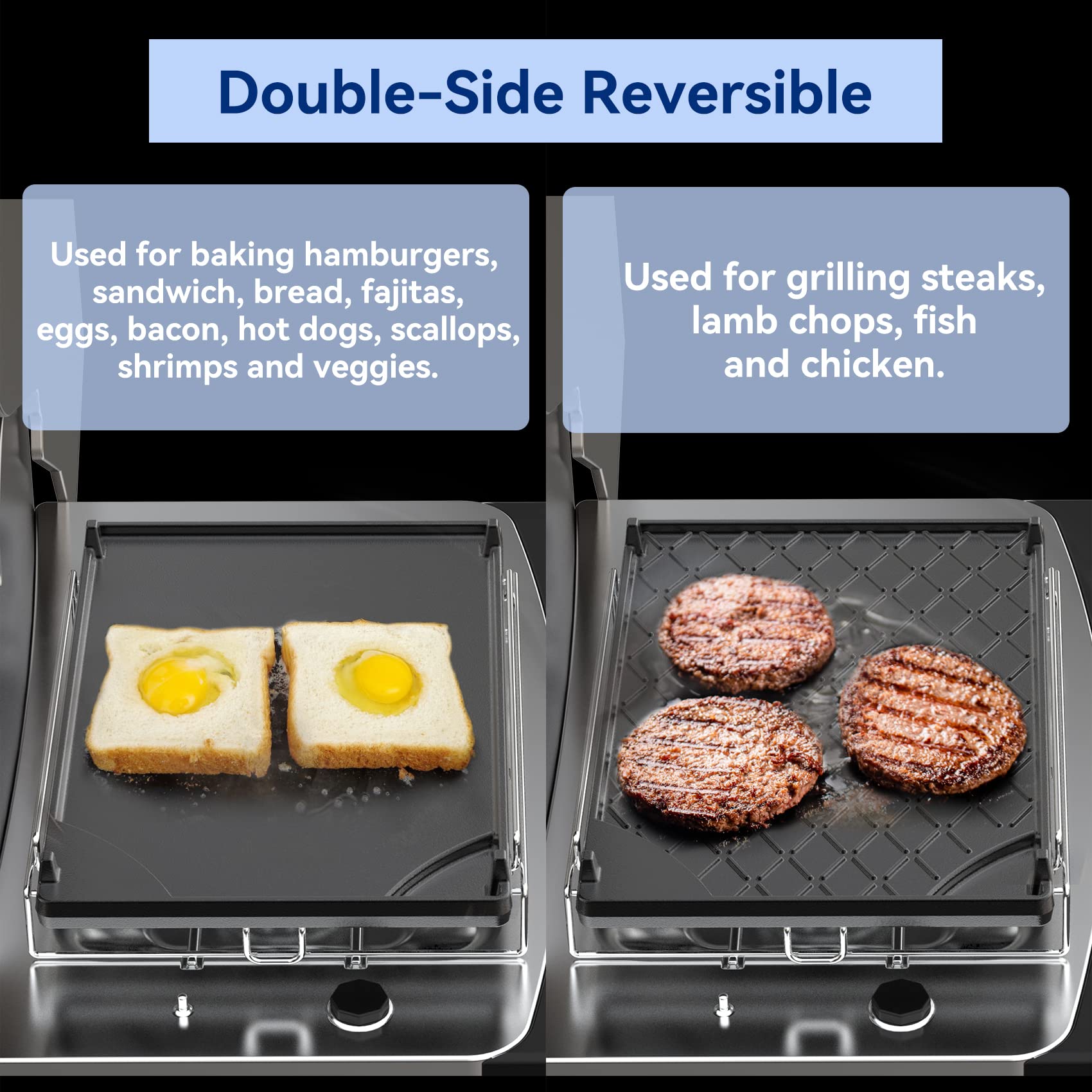 Skyflame flat side with pancakes cooking for even heat and easy flipping