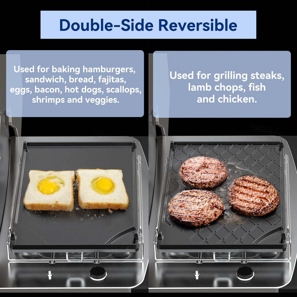 Skyflame flat side with pancakes cooking for even heat and easy flipping