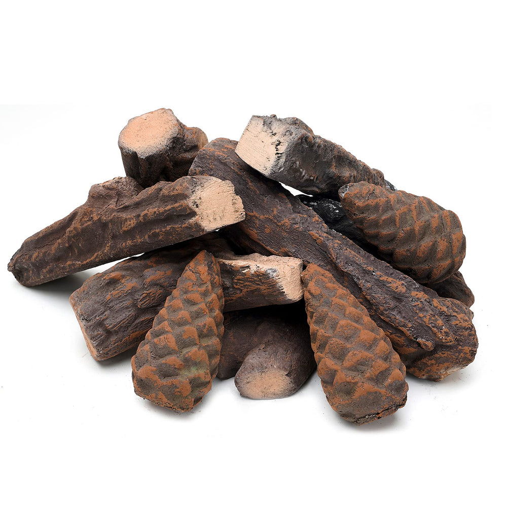 Skyflame front view showing the ten-piece ceramic log and pine cone set, enhances hearth realism
