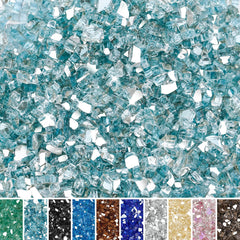 Skyflame front packaging showing 10 lb aqua blue fire glass and clear labeling benefits