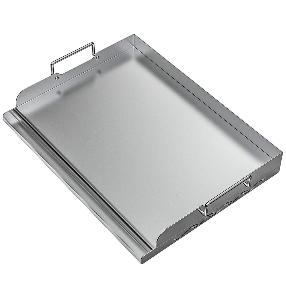 Skyflame griddle front view shows clean stainless surface and compact design benefit: easy setup