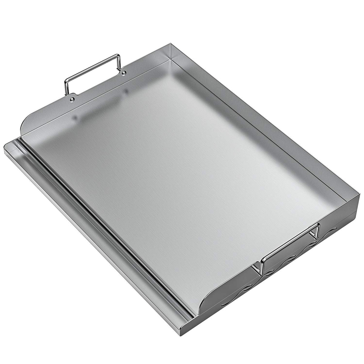 Skyflame griddle front view shows clean stainless surface and compact design benefit: easy setup
