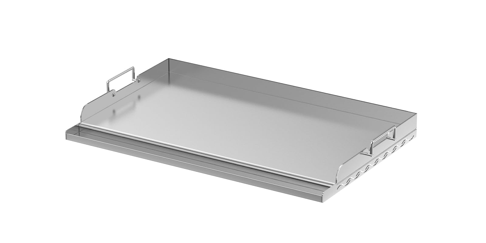Skyflame front view of griddle plate showing robust stainless construction and brand benefit