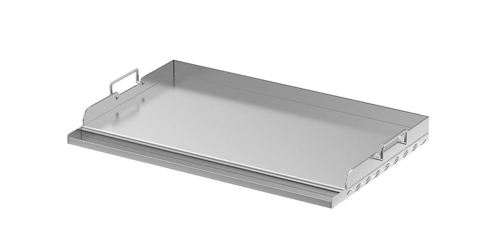 Skyflame front view of griddle plate showing robust stainless construction and brand benefit