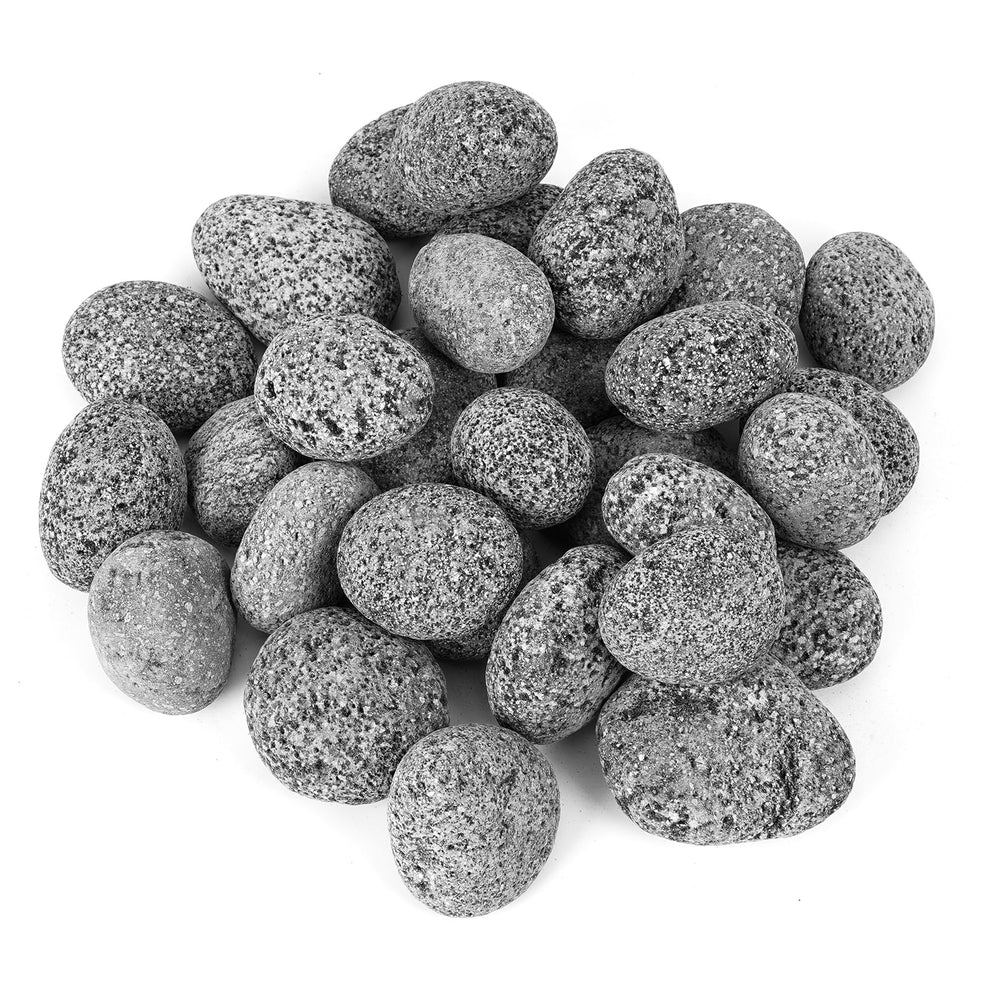 Skyflame front view of bagged lava rocks showing uniform tumbled pebbles and benefit
