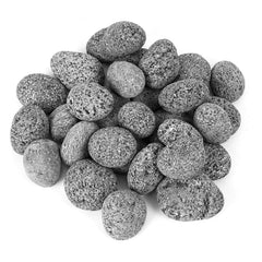 Skyflame front view of bagged lava rocks showing uniform tumbled pebbles and benefit