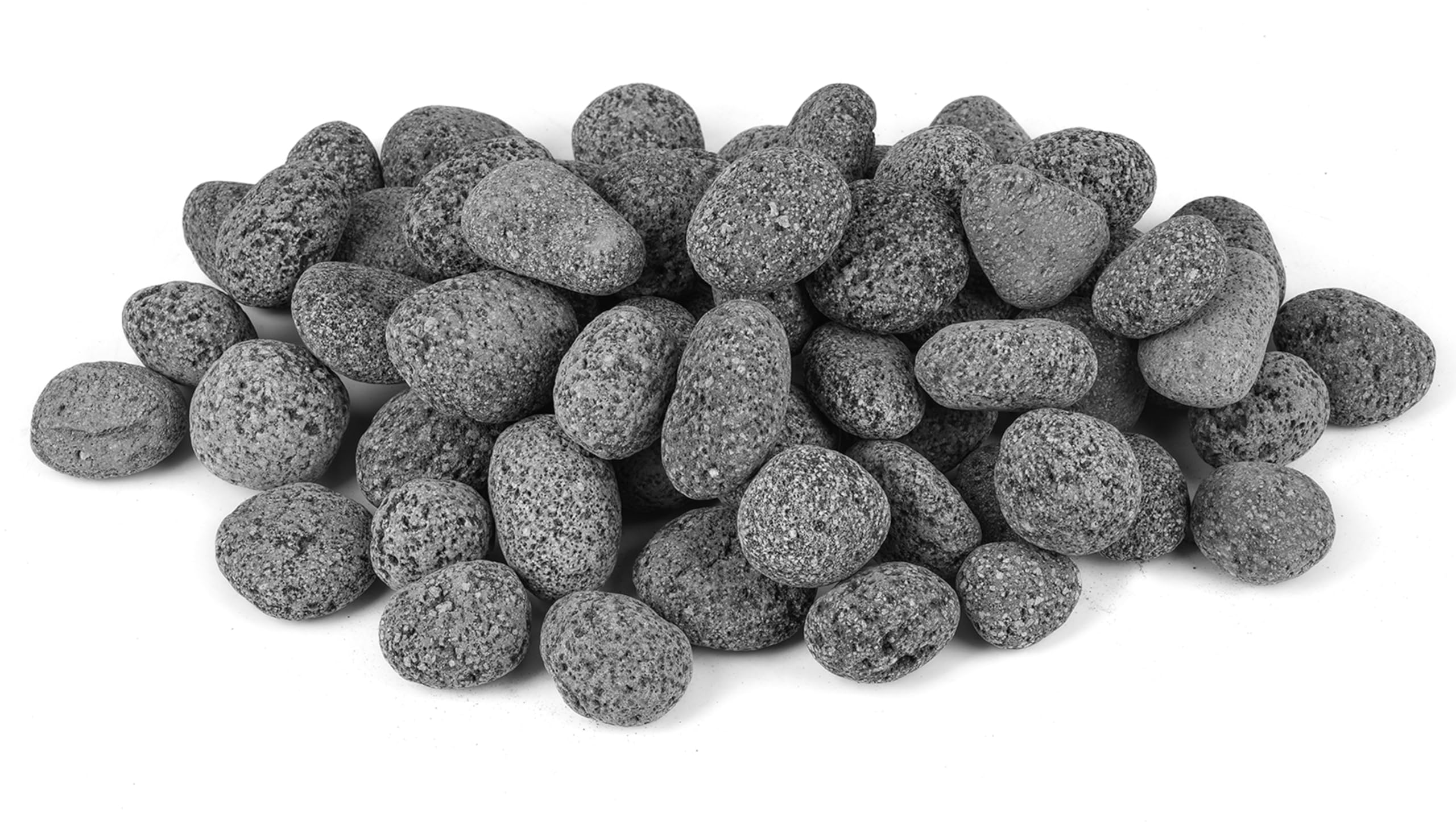 Skyflame front view showing natural tumbled lava stones and product packaging benefit durability