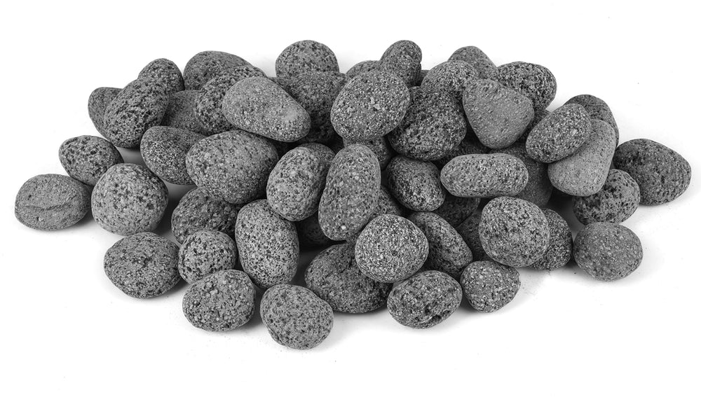 Skyflame front view showing natural tumbled lava stones and product packaging benefit durability