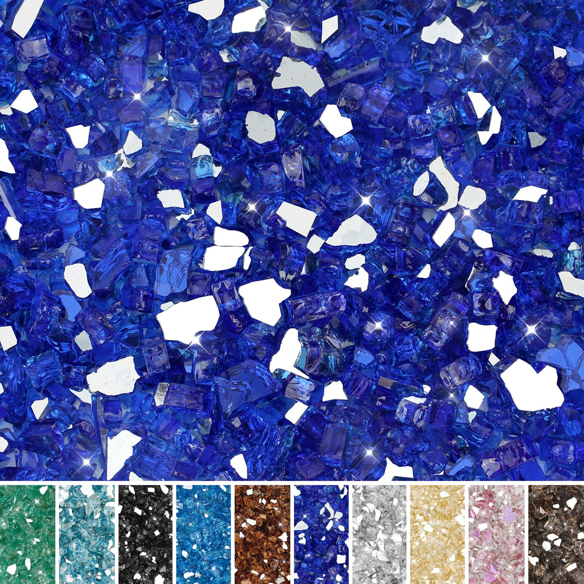 Skyflame front packaging showing 10LB cobalt blue fire glass and easy pour benefit