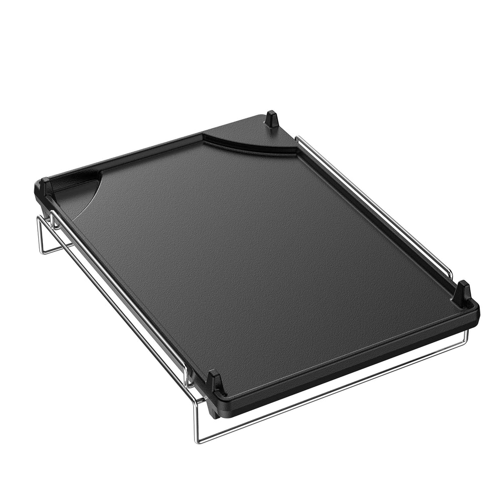 Skyflame griddle front view showing rack and stable feet for safer grilling