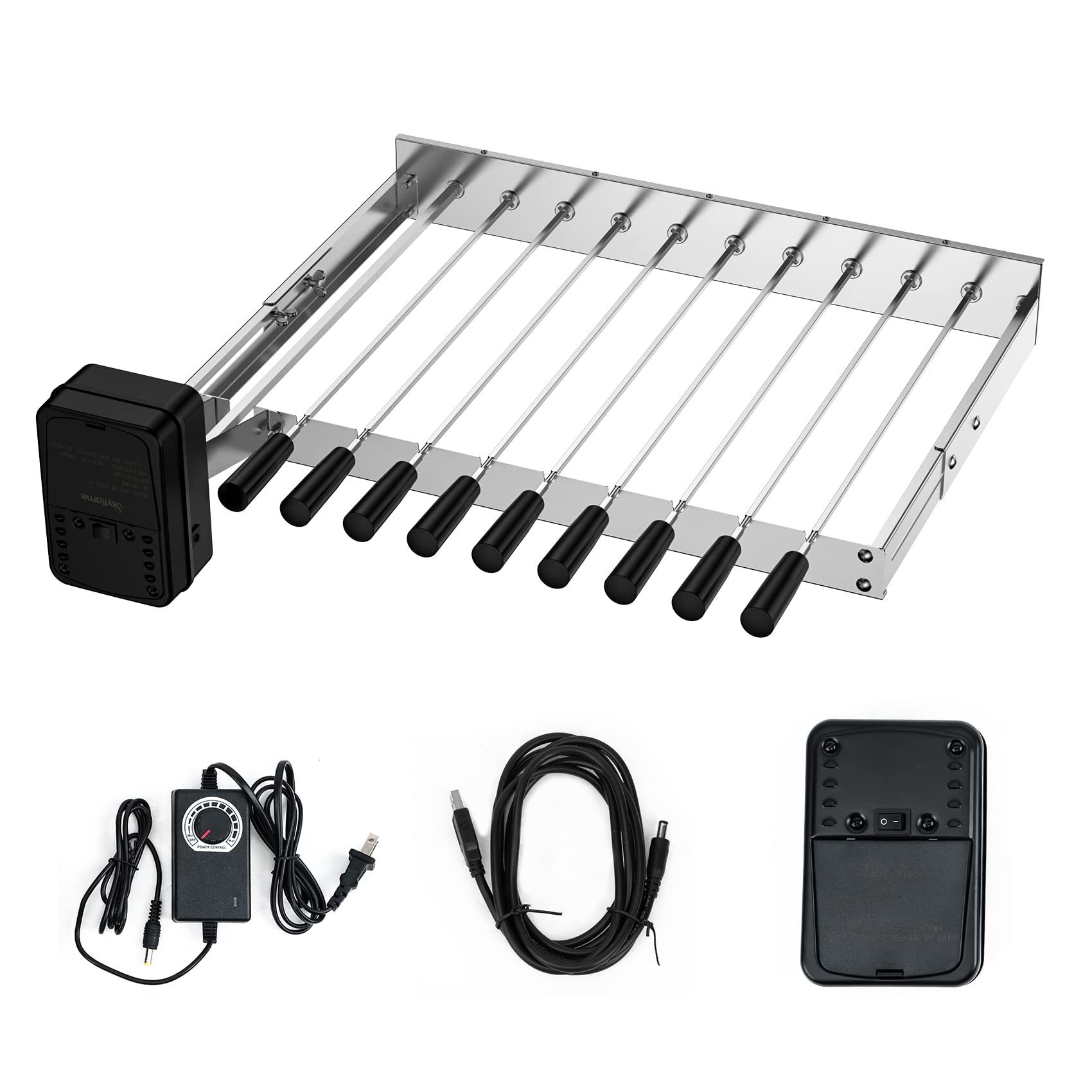 Skyflame front view on grill showing full skewer set and stable placement