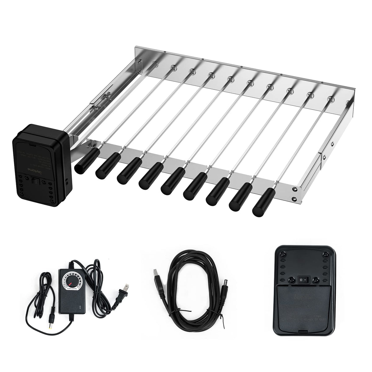 Skyflame front view on grill showing full skewer set and stable placement