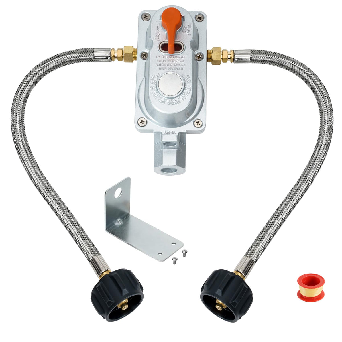 Skyflame front view of regulator kit showing components and immediate benefit of dual-tank backup