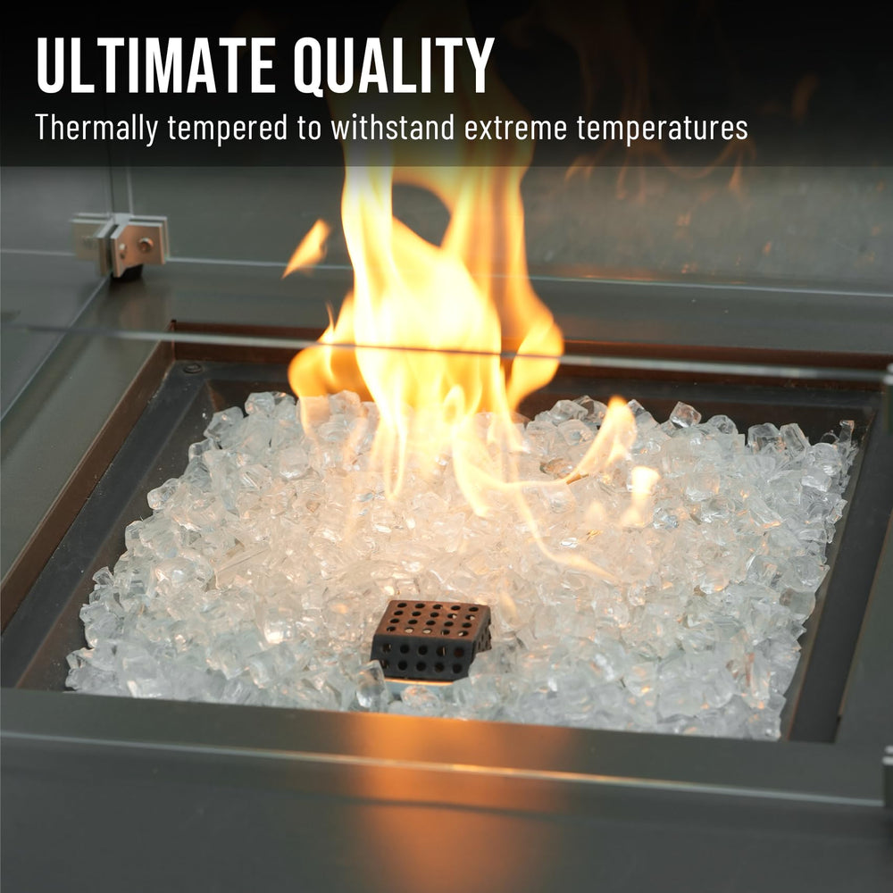 Skyflame glass spread over fireplace burner illustrating safe flame flow