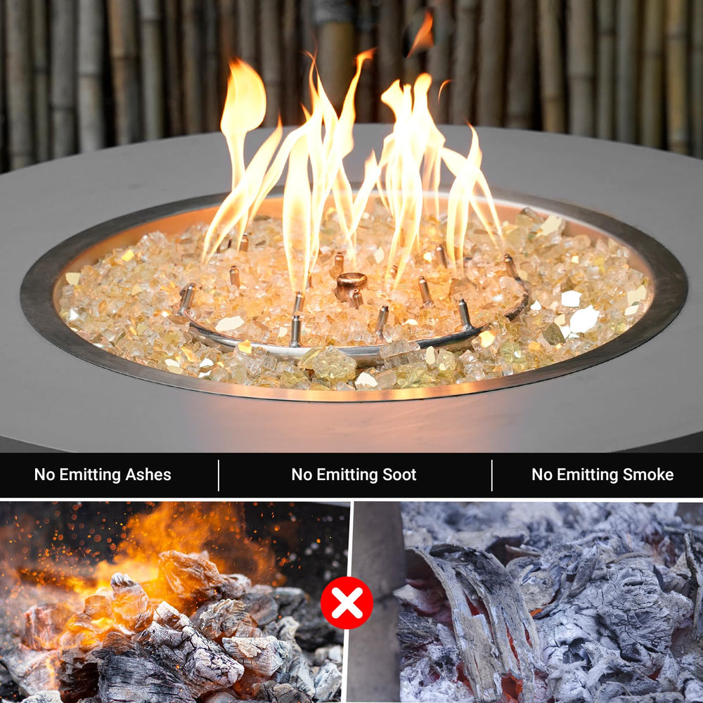 Skyflame gold fire glass in fire pit creating vibrant shimmering flames