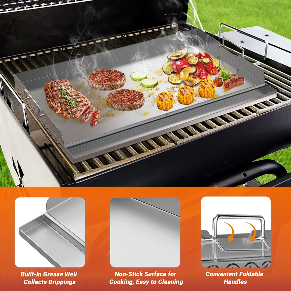 Skyflame griddle cooking pancakes and bacon showing even heat and convenient large surface