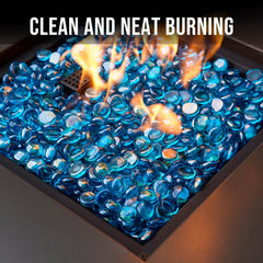 Skyflame beads in fire pit enhancing flames with vibrant blue reflections
