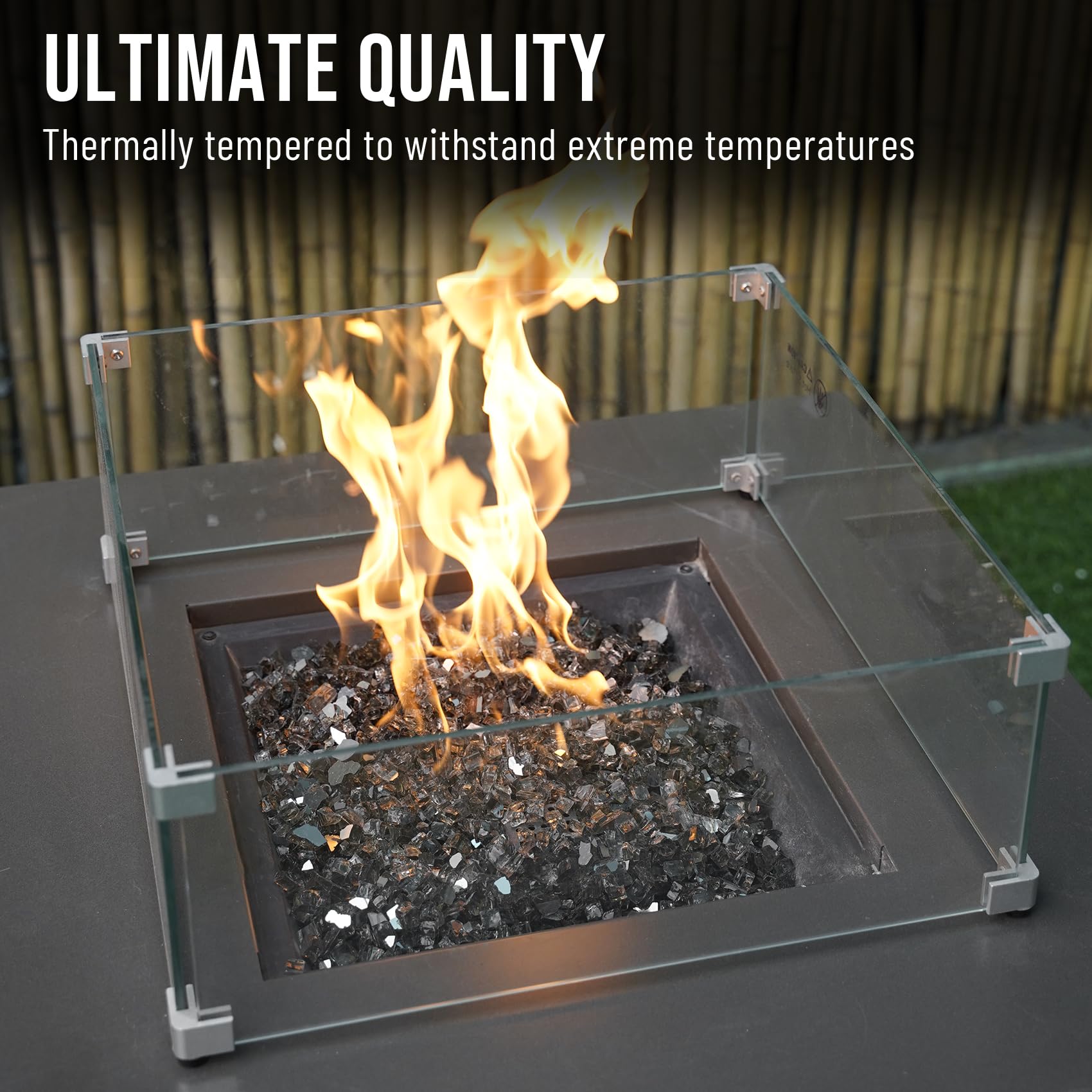 Skyflame in firepit lit with flames reflecting for lively outdoor ambiance