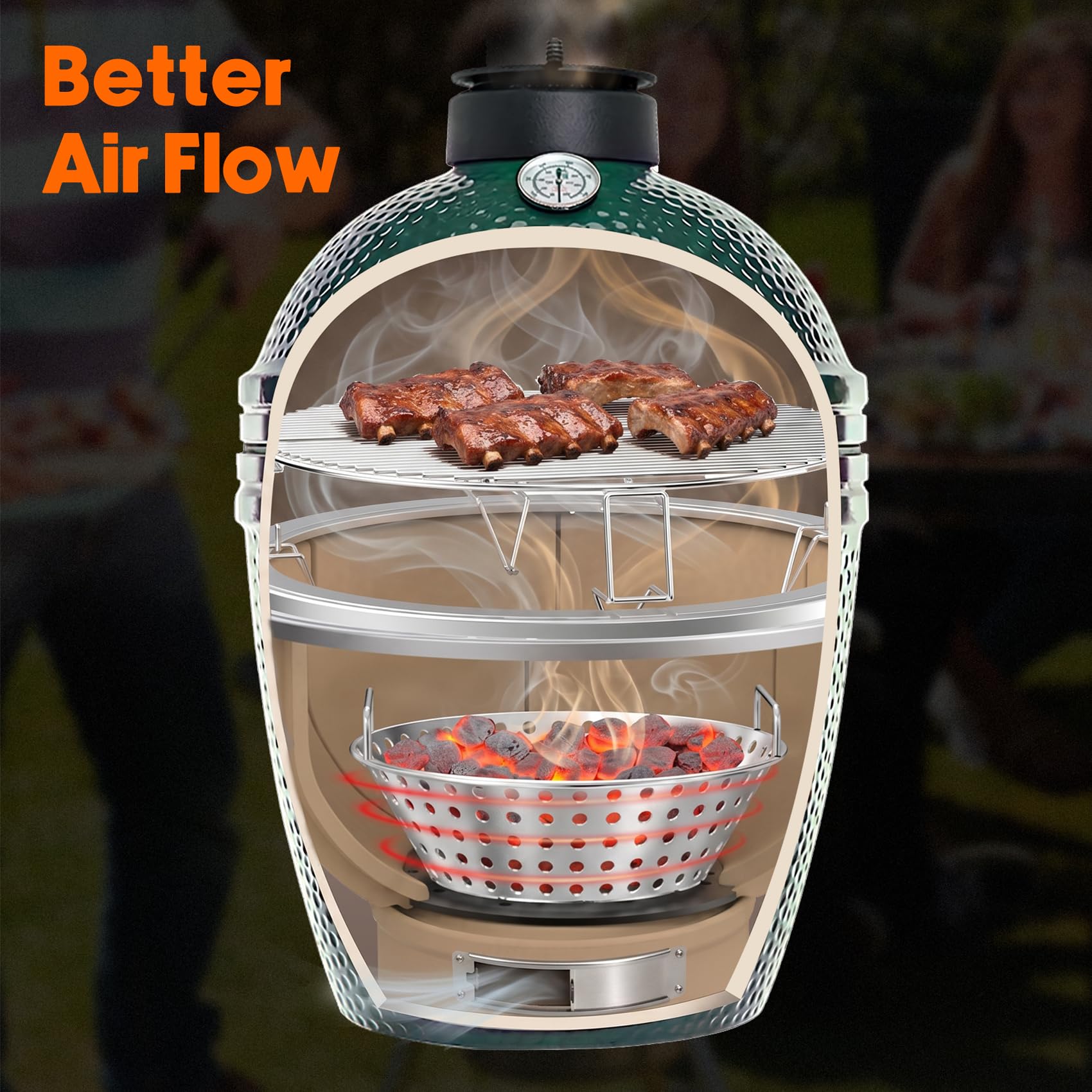 Skyflame installed in an 18-inch kamado demonstrating easy drop-in use